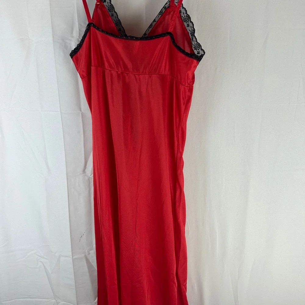 Vintage Paramount‎ New York Red Satin Nightgown Black Lace Trim Maxi Slip Dress